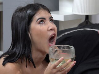 Dark haired submissive babe Lady Dee sucks cock and takes warm piss in her mouth before she is fucked in all sorts of positions and takes a messy cumshot over her tongue!