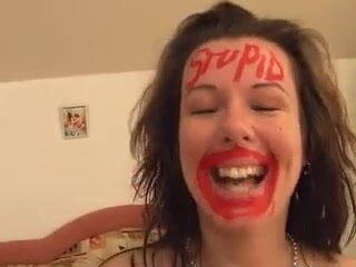 Slut is degraded and humiliated with bodywriting and stupid writing on her forehead in lipstick. If you know where there's a higher-resolution version of this, get in touch!
