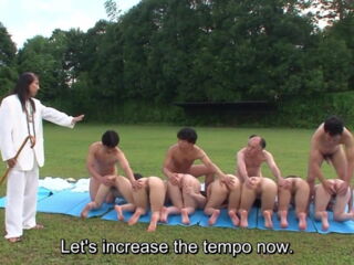 Uncensored Japanese outdoor nudist sex cult initiation ceremony featuring a row of spread butts followed by heavenly facesitting and blowjobs for male initiates in HD with English subtitles