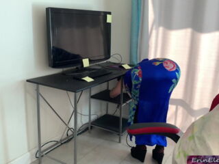 He heard his stepmom from the office calling for help. She had gone in there saying she was going to rearrange her desk.....what could she need help with? Oh well, she sounded urgent...